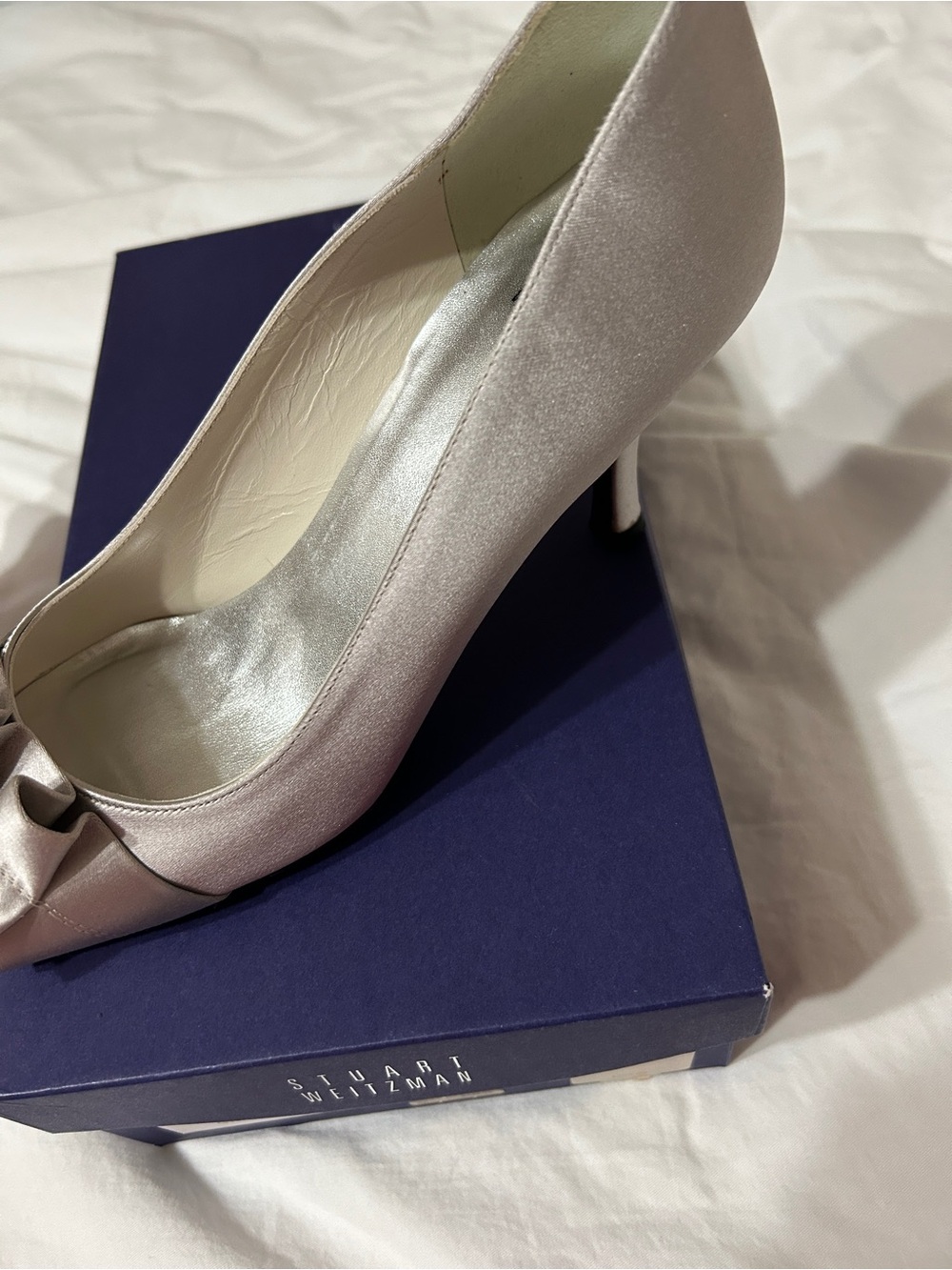 Stuart Weitzman Silver Satin Peep-Toe Pumps with Ruffle Accent - Picture 3 of 8